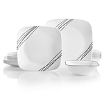 Corelle Service de Table 18 pièces pour 6 Personnes, Motif Croquis Simple, Vaisselle résistante aux éclats, Comprend des Assiettes Plates carrées de 26 cm, des Assiettes à Salade/à Dessert carrées de