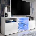 Meuble TV Urbino Komodee - LED bleues - Blanc Brillant et Blanc - Facades en Brillant - 140 x 53 x 35 cm