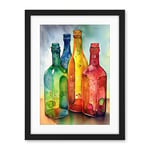 Artery8 Coloured Glass Cider Bottles Still Life Watercolour Painting Artwork Framed Wall Art Print 18X24 Inch