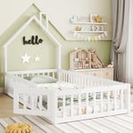 Lit Cabane 90x200cm, Lit d'enfant avec Grille de Protection et Sommier à Lattes, Lit pour Enfant Montessori, Lit au Sol Enfant Capacité de Charge 120