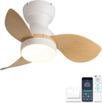 Ø56cm Mini Ventilateur de Plafond avec Telecommande, Ventilateur Plafond avec Lumiere Petit, Réversible Mode Eté Hiver Moteur DC Silencieux 6 Vitesses, Blanc + Grain de Bois