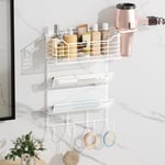 VITVITI Hair Dryer Holder Hair Dryer and Straightener Holder Hairdryer Holder Wall Mounted Hair Dryer Holder Station Metal Hair Tools Accessories Vanity Organiser Storage 3 Tier Shelf with Hooks White