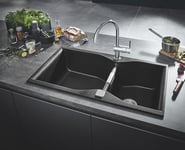 GROHE Kitchen Set of Minta Tap & K700 Sink – (Granite Black Quartz Composite Double Kitchen Sink 1 Bowl 465x443x230mm 2 Bowl 315x443x230mm Overall 90x50cm, Chrome Kitchen Tap Size 356mm Tails 3/8")