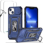 Antichoc Coque Para Iphone 13 6.1',Tpu+Pc Housse Protection De Qualité Militaire Avec Lentille Coulissante Couverture/2* Verre Trempé,Compatible Support De Voiture Magnétique-Bleu