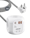 LENCENT Cube rallonge multiprise Amélioré PD 20W 3M avec 4 Prises AC, 2 USB et 1 Type C, Les surtensions pour rallonge électrique avec Interrupteur pour Maison, Cuisine, Bureau, Tressé Cable