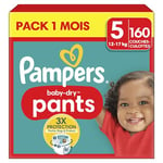 Pampers Baby-Dry Pants, Taille 5, 160 Couches-Culottes, 12-17kg, Maintien 360° Contre Les Fuites Avec Une Poche Stop & Protect Pour Une Nuit Jusqu'à 100% Sans Fuites, Pack 1 Mois