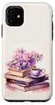 Coque pour iPhone 11 Aquarelle Purple Pink Flower Books And Coffee