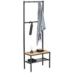 WENKO Vestiaire d'entrée Meuble Porte Manteau métal Bois Geo | Rangement Design Industriel Style loft | 5 Crochets Manteaux Chapeaux | Etagère Chaussures | Métal laqué| 59x165x30cm | Noir Mat/Bois