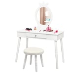 DREAMADE Table de Maquillage pour Enfants avec Miroir et Tabouret Rembourré, Coiffeuse Princesse pour Enfants avec Tiroir en MDF et Bois de Pin (Blanc)