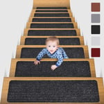 MBIGM 8" X 30" (15-Pack) Non-Slip Carpet Stair Treads Non-Skid Safety Rug Slip Resistant Indoor Runner for Kids Elders and Pets with Reusable Adhesive, Black