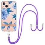 iPhone 15 Skal Blommönster med Strap Blå Pion