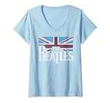 Womens The Beatles British Flag Red, White, and Blue V-Neck T-Shirt