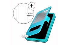 PH26 Coque et étui téléphone mobile Super pack housse pour asus zenfone max (m2) extra slim 2 fenêtres éco cuir + verre trempé haute transparence bleu turquoise