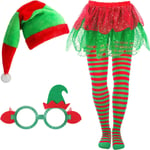 INIOR Juldräkt Set Jultomteluva Tutu Kjol Randiga Strumpbyxor Glitter Ram Julglasögon för Kvinnor Elf Stil