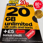 Giffgaff UK GB +44 SIM Card 3 in 1 Nano Micro Standard Giff Gaff £5 FREE Credit*