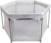 Tutti Bambini Hexa Playpen in Grey with travel bag stows away in 60 seconds