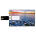 64G USB Flash Drives Credit Card Shape Seaside Decor Memory Stick Bank Card Style Light Sunrise Horizon over the Sea Waves Smooth Still Calm Water Imaginary Travel Photo,Blur Orange Waterproof Pen Thu