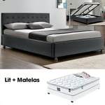 Lit Complet Capitole + Matelas Romance 140 Gris, Polyuréthane, Style Contemporain, 203 x 151 x 90.5 cm - Gris - Meubler Design