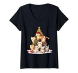 Womens Cat Lover Xmas Holiday Santa Kitten Cat Christmas Tree V-Neck T-Shirt