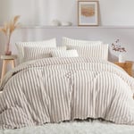 Tospass Stripe Housse de Couette Flanelle 240x260 2 Personnes Adulte Polaire Fausse Fourrure Hiver Chaude Beige Parure de Lit Réversible Velours avec Fermeture Éclair avec 2 Taies d'oreiller 65x65 cm