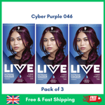 3 x Schwarzkopf Live Permanent Hair Dye CYBER PURPLE 046 - Women Hair Colour