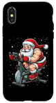 Coque pour iPhone X/XS Père Noël sur vélo d'appartement, gym, fitness, entraînement, Noël, neige