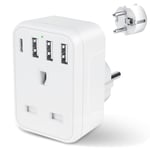 European Travel Adaptor, UK to Euro Plug Adapter with 3 USB A and 1 USB C Ports,5 in 1 EU Grounded Europe Power Euro Plug for Spain France Iceland Germany Greece Poland Portugal(Type E/F)(White)