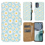 32nd Floral Series 3.0 - Design PU Leather Book Wallet Case Cover for Motorola Moto G62 5G, Designer Flower Pattern Wallet Style Flip Case With Card Slots - Blue Daisy