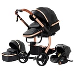 3 en 1 Poussette Combinée Poussette Canne Landau Poussette Citadine Poussette Système de Voyage pour Bébé Poussette Paysage Haute pour Bébé Inclinable Pliable Poussette Standard (518 Black)