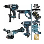 Makita - Pack Pro 18V 5Ah Li-Ion: Perceuse 91Nm DDF458 + Meuleuse 125mm DGA504 + Perforateur 2J DHR202 + Visseuse à chocs 165Nm DTD152 +