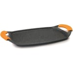 SLÄT GRILL PLANCHA 47X28,5 cm BASSTEN I GJUT ALU 5 MM. STENFORMADE NON-STICK AVTAGbara SILIKONHANDTAG. DIFFUSERAD BAKGRUND...