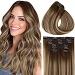 Vivien Extension Clip Cheveux Naturel 45cm Marron Foncé Mixte Blond Caramel Avec Brun Rajout Cheveux Clip Naturel Balayage Soie Droite Remy Humain Hair Extensions Clip in Lisse 120g 7 Pièces