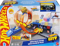 Hot Wheels Coffret Super Poste de Police Hot Wheels City avec véhicule en métal à l’échelle 1/64, Un looping réglable pour Varier Les Courses et Les Cascades, JBM71