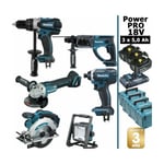 Pack Makita Power pro 6 outils 18V: DDF458 + DHR202 + DGA504 + DTD152 + DSS610 + Projecteur + 3 batt 5Ah + 4 Coffrets