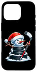 iPhone 16 Pro Cartoon Ice Hockey Puck Snowman with Santa Hat Christmas Case