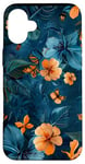 Coque pour iPhone 16 Plus Motif floral abstrait bleu avec abeilles tropicales vintage