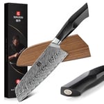 XINZUO 18.6cm Couteau de Santoku Acier Damas, Couteau de Cuisine Professionnel Forgé Couteau de Chef, Couteau à Légumes Multifonctions, Poignée G10 de Qualité Militaire avec Gaine en Bois de Noyer