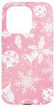 Coque pour iPhone 15 Pro Pink Aura Motif floral et flocons de neige d'hiver