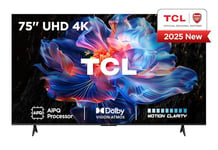 TCL 75V6C-UK 75" 4K Ultra HD, HDR TV, Smart TV Powered by Google TV (Dolby Audio, Voice Control, compatible with Google assistant, Chromecast built-in, 2025 New Model)