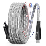 Magtame Magnetic USB C Cable, Coiled USB C to USB C Cable 60W(3A), 1M Flexible USB C Cord, Nylon Braided Type C Fast Charging Cable Compatible with iPhone 15, for Samsung, Pad,USB C Device,Silver