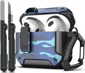 Coque pour AirPods 3e avec kit de Nettoyage, Armure de Protection Rigide Militaire avec verrou pour boîtier de Charge AirPod Gen 3 2021, LED Avant Visible,Camouflage Bleu