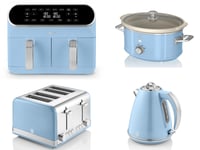 SWAN Retro Blue Kettle Toaster 8L Dual Basket Air Fryer & 3.5L Slow Cooker Set