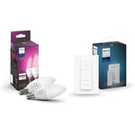 Philips Hue White & Colour Ambiance Smart Light Bulb Candle Twin Pack LED [E14] with Bluetooth - 1100 Lumen + Hue Dimmer Switch. Works with Alexa, Google Nest, Apple Homekit.