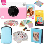 KODAK Printomatic Full-Color Instant Print Camera Gift Bundle + Soft Case + Zink 2x3" Sticky Back Photo Paper 20pk + Album + Sticker Sets + Sticker Frames + Markers + Hanging Frames, Fun Gift - Pink