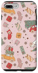 Coque pour iPhone 7 Plus/8 Plus Retro Christmas Santa Trees Checker Snowflakes Pink