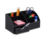 Relaxdays Organiseur pour Bureau, 6 Compartiments & tiroir, H x L x P : 14 x 28,5 x 15 cm, Range-Crayons, Noir