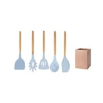 Fackelmann 30178 Set de 5 ustensiles de cuisine, Lot de cuillères et spatules de cuisine et leur support en bois, Silicone, Bois FSC, 32cm