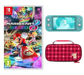 Nintendo Switch Lite (Turquoise), Mario Kart 8 Deluxe & Protection Case (Pikachu Plaid) Bundle, Blue