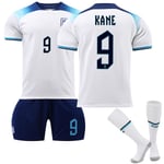 England 2022 VM hemmatröja Kane #9 Fotbollströja T-shirt Shorts Kit Fotboll 3-delade set för barn Vuxna Kids 26(140-150cm)