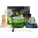 TEANAGOO Fouet à Matcha Japonais (7pcs) Set de Matcha Kit Mtacha Bol de Matcha Fouet à Matcha en Bambou (chasen) Scoop (chashaku) Support de Fouet à Matcha.N30,Verre Gris Foncé